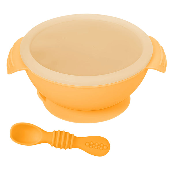 Suction feeding bowl for toddlers with soft silicone spoon