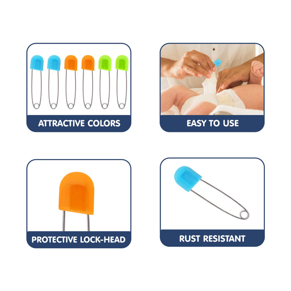 Colorful baby safety pins with plastic head locks