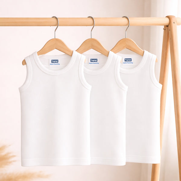 Hopop Baby Round Neck Sleeveless Cotton Vest Pack of 3 - White