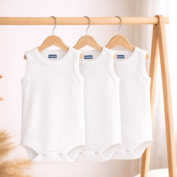 Hopop Baby Cotton Round Neck Sleeveless Romper Pack of 3 - White