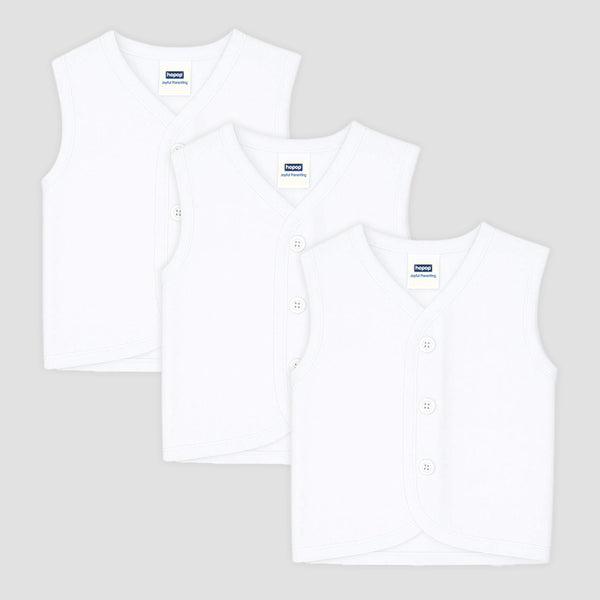 "Front open sleeveless cotton vest for babies – pack of 3 soft infant vests"