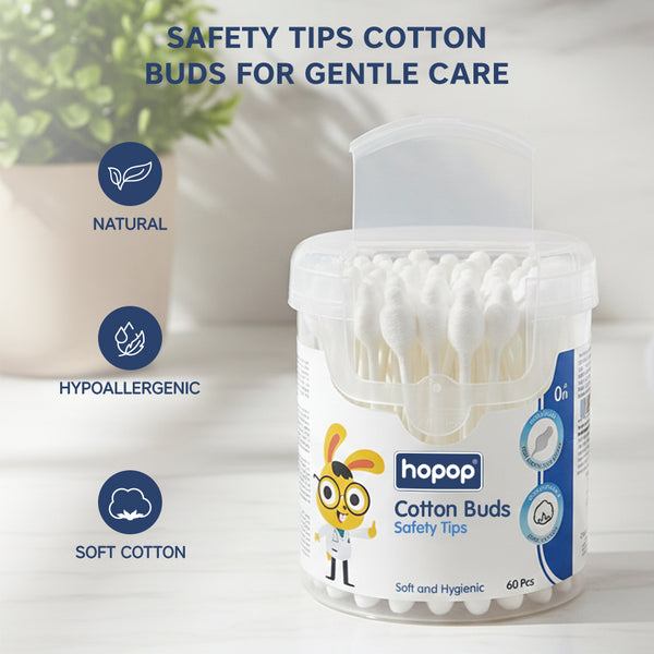 Hopop Safety Tips Cotton Buds, Gentle, Safe & Eco-Friendly - 60 Pcs