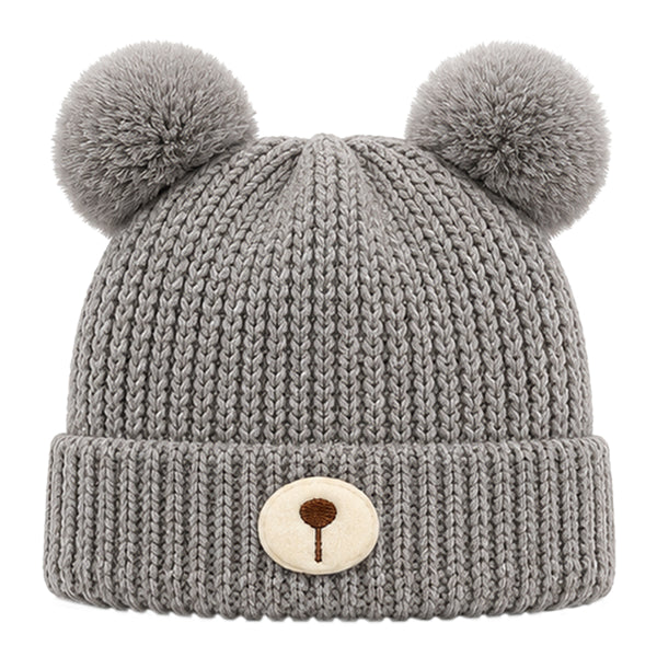 Kids Woolen Cap with Fur Lining, Bear Ears Design Warm Chunky Knit Double Pom Pom Winter Beanie for Boys & Girls (3-6 Years)