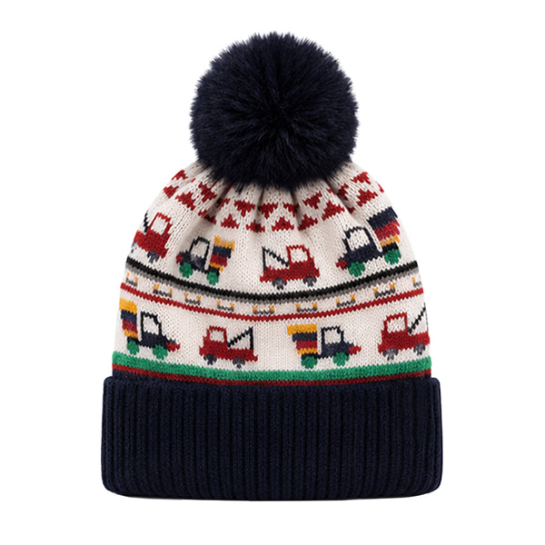 Baby Woolen Cap with Fur Lining, Truck Design Warm Knitted Faux Fur Pom Pom Winter Beanie for Boys & Girls (3-6 Years)