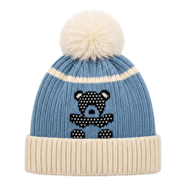 Baby Woolen Cap with Fur Lining, Black Teddy Bear Design Warm Ribbed Knit Faux Fur Pom Pom Winter Beanie for Boys & Girls (3-6 Years)