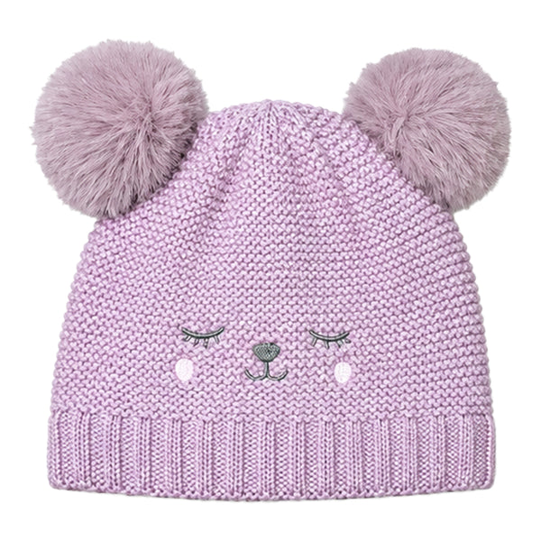 Kids Woolen Cap with Cute Bear Face, Warm Winter Beanie with Double Pom Poms and Ribbed Folded Cuff for Girls (2–4 Years)