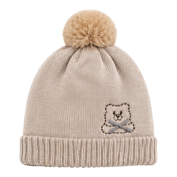 Baby Woolen Cap with Fur Lining, Embroidered Teddy Bear Design Warm Knitted Winter Beanie for Boys & Girls (2-4 Years)