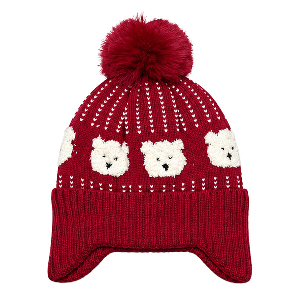 Kids Woolen Cap with Cute Bear Pattern, Warm Winter Beanie with Earflap Design, Soft Pom Pom and Ribbed Cuff for Boys & Girls (3-6 Years)