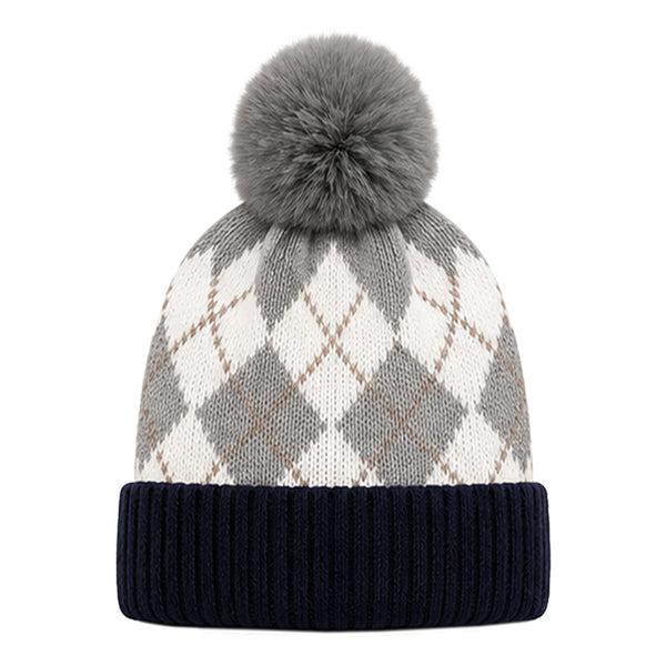 Kids Woolen Cap with Fur Lining, Argyle Design Warm Knitted Faux Fur Pom Pom Winter Beanie for Boys & Girls (3-6 Years)
