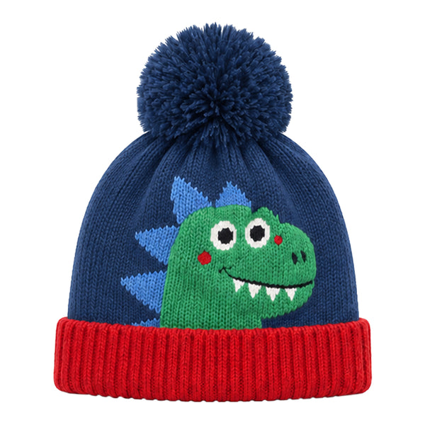 Baby Woolen Cap with Fur Lining, Cute Dinosaur Face Design Warm Knitted Pom Pom Winter Beanie for Boys & Girls (2-4 Years)