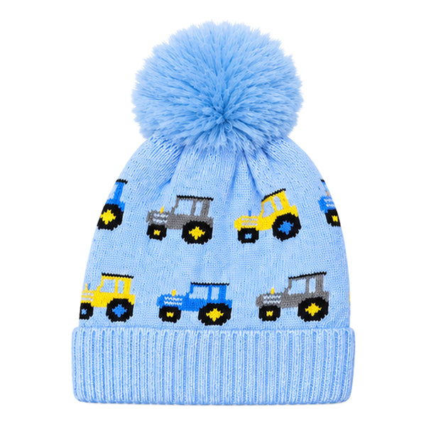 Baby Woolen Cap with Fur Lining, Tractor Design Warm Knitted Faux Fur Pom Pom Winter Beanie for Boys & Girls (3-6 Years)
