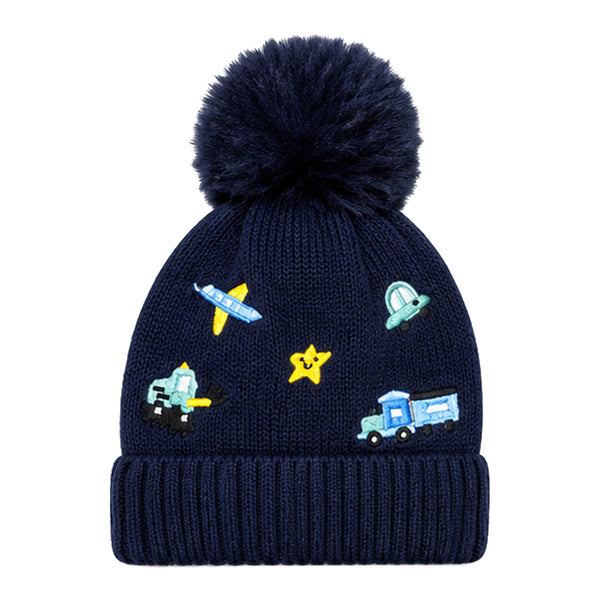 Kids Woolen Cap with Cute Vehicle Embroidery, Warm Winter Beanie with Soft Pom Pom and Ribbed Folded Cuff for Boys & Girls (3-6 Years)