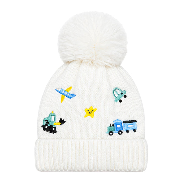 Kids Woolen Cap with Cute Vehicle Embroidery, Warm Winter Beanie with Soft Pom Pom and Ribbed Folded Cuff for Boys & Girls (3-6 Years)