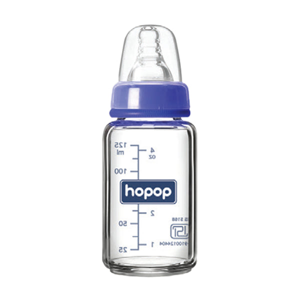 Hopop Premium Glass Feeding Bottle, Slim Neck & BPA-Free , 125ml - Blue