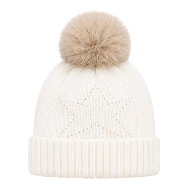 Baby Woolen Cap with Fur Lining, Star Design Warm Knitted Pom Pom Winter Beanie for Boys & Girls (1-3 Years)