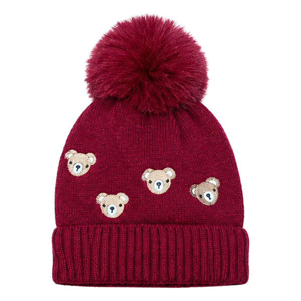 Kids Woolen Cap with Cute Teddy Bear Embroidery and Fluffy Pom Pom Warm, Cozy, Soft Knit Winter Hat for Babies and Toddlers (3-6 Years)
