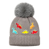 Kids Woolen Cap with Cute Dinosaur Embroidery and Fluffy Pom Pom Warm, Cozy Knitted Winter Hat with Soft Fur Lining for Boys and Girls (2-4 Year)