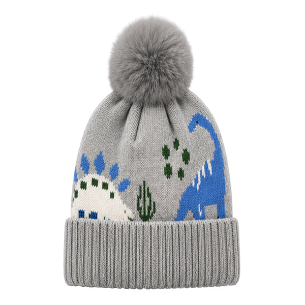 Kids Woolen Cap with Fur Lining, Dinosaur Design Warm Knitted Faux Fur Pom Pom Winter Beanie for Boys & Girls (3-6 Years)