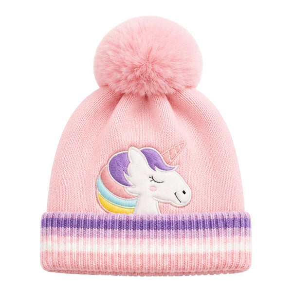 Kids Woolen Cap with Cute Unicorn Embroidery, Warm Winter Beanie with Soft Pom Pom and Folded Cuff for Boys & Girls (2-4 Years)