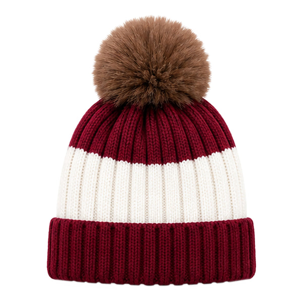 Baby Woolen Cap with Fur Lining, Colour Block Design Warm Ribbed Knit Faux Fur Pom Pom Winter Beanie for Boys & Girls (3-6 Years)