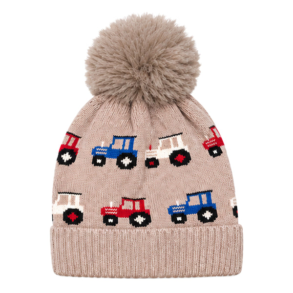 Baby Woolen Cap with Fur Lining, Tractor Design Warm Knitted Faux Fur Pom Pom Winter Beanie for Boys & Girls (3-6 Years)