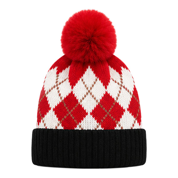 Kids Woolen Cap with Fur Lining, Argyle Design Warm Knitted Faux Fur Pom Pom Winter Beanie for Boys & Girls (3-6 Years)