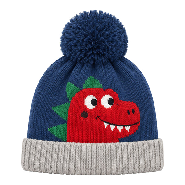 Baby Woolen Cap with Fur Lining, Cute Dinosaur Face Design Warm Knitted Pom Pom Winter Beanie for Boys & Girls (2-4 Years)