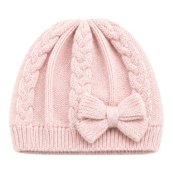 Baby Woolen Cap with Fur Lining, Cable Knit Bow Design Warm Knitted Winter Beanie for Girls & Boys (1-3 Years)