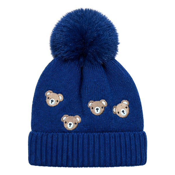 Kids Woolen Cap with Cute Teddy Bear Embroidery and Fluffy Pom Pom Warm, Cozy, Soft Knit Winter Hat for Babies and Toddlers (3-6 Years)