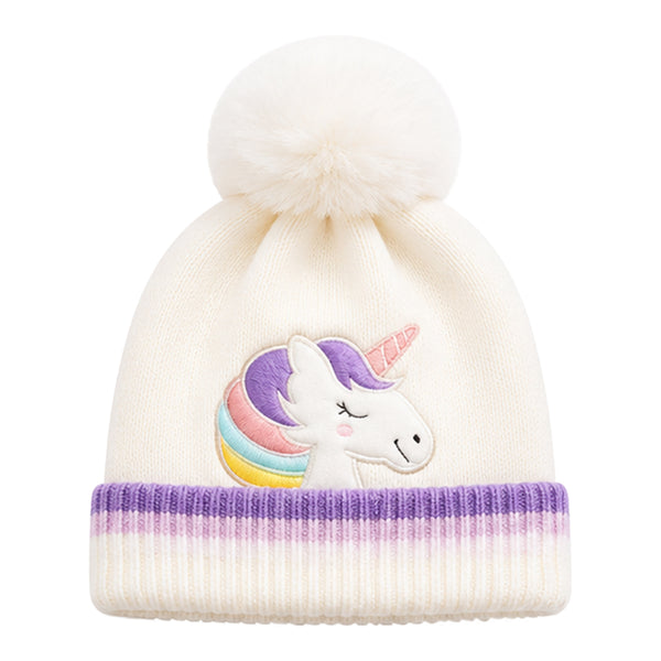 Kids Woolen Cap with Cute Unicorn Embroidery, Warm Winter Beanie with Soft Pom Pom and Folded Cuff for Boys & Girls (2-4 Years)