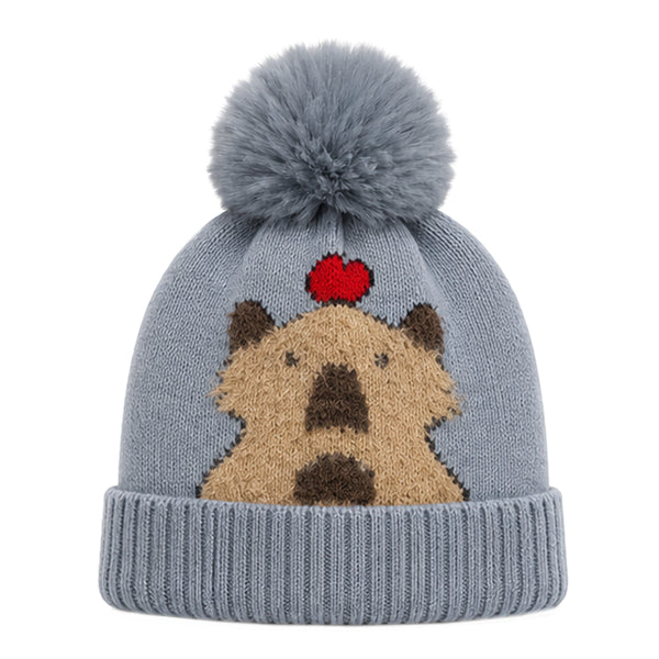 Kids Woolen Cap with Cute Bear Design, Warm Winter Beanie with Soft Pom Pom and Ribbed Folded Cuff for Boys & Girls (3-6 Years)