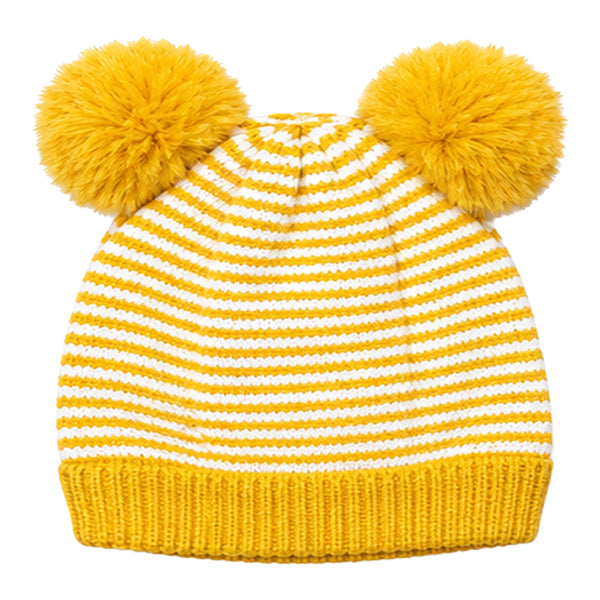 Kids Woolen Cap with Fur Lining, Striped Design Warm Knitted Double Pom Pom Winter Beanie for Boys & Girls (3-6 Years)