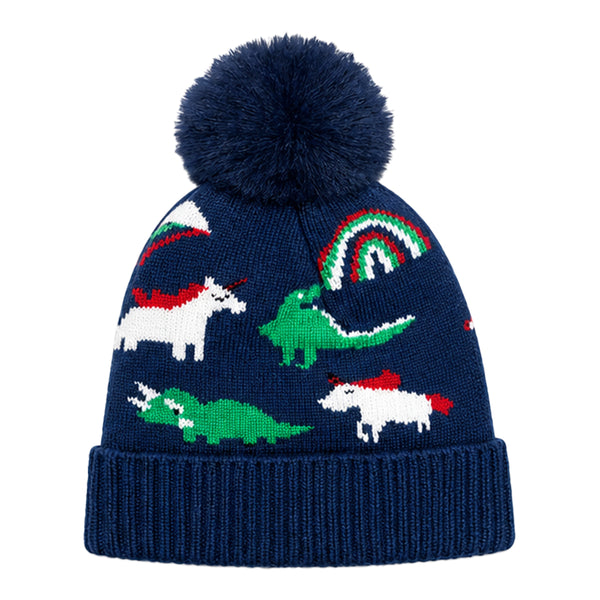 Kids Woolen Cap with Cute Dinosaur Print, Warm Winter Beanie with Soft Pom Pom and Ribbed Folded Cuff for Girls (3–6 Years)