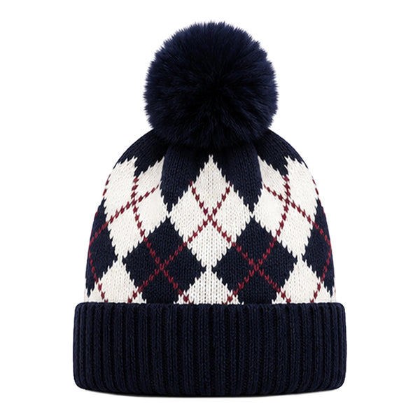 Kids Woolen Cap with Fur Lining, Argyle Design Warm Knitted Faux Fur Pom Pom Winter Beanie for Boys & Girls (3-6 Years)