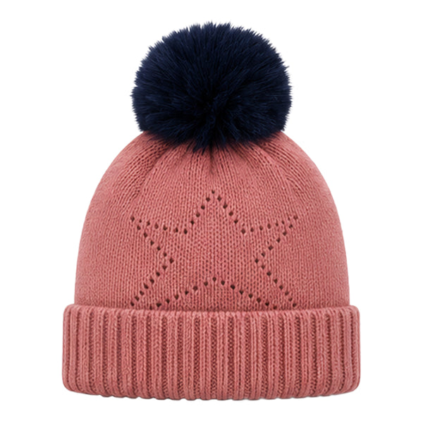 Baby Woolen Cap with Fur Lining, Star Design Warm Knitted Pom Pom Winter Beanie for Boys & Girls (1-3 Years)
