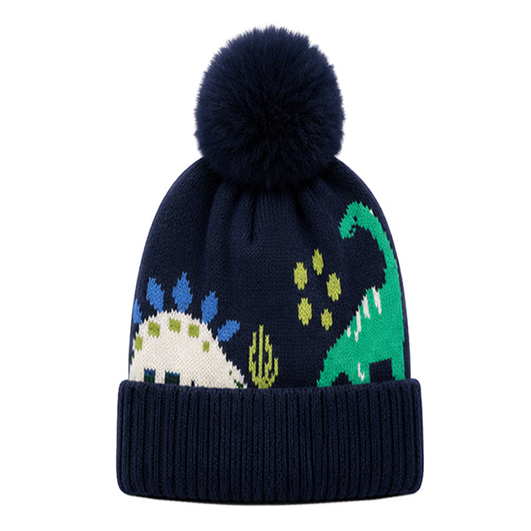 Kids Woolen Cap with Fur Lining, Dinosaur Design Warm Knitted Faux Fur Pom Pom Winter Beanie for Boys & Girls (3-6 Years)