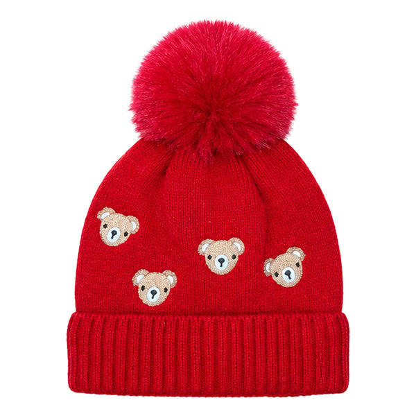 Kids Woolen Cap with Cute Teddy Bear Embroidery and Fluffy Pom Pom Warm, Cozy, Soft Knit Winter Hat for Babies and Toddlers (3-6 Years)
