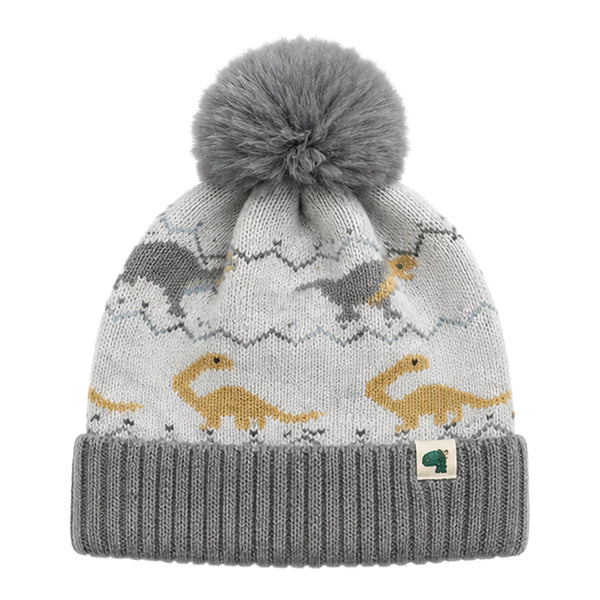 Kids Woolen Cap with Dinosaur Pattern and Soft Pom Pom, Warm Winter Beanie with Folded Cuff for Boys & Girls (3-6 Years)