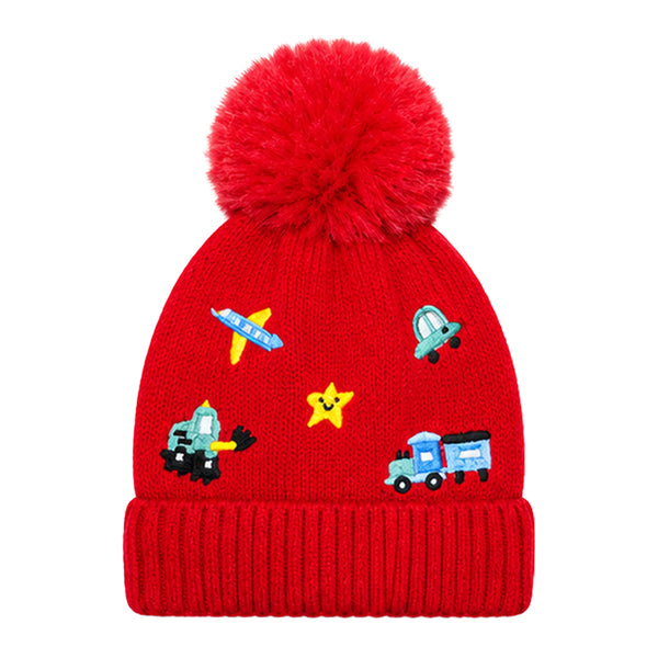 Kids Woolen Cap with Cute Vehicle Embroidery, Warm Winter Beanie with Soft Pom Pom and Ribbed Folded Cuff for Boys & Girls (3-6 Years)