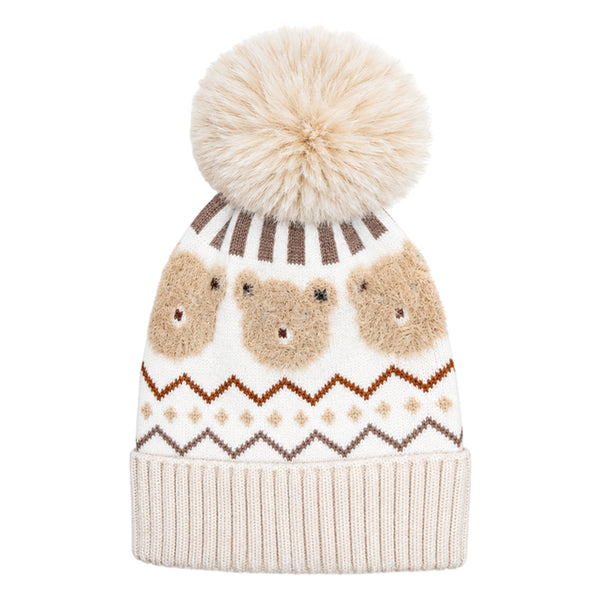 Kids Woolen Cap with Fur Lining, Fluffy Teddy Bear Design Warm Knitted Faux Fur Pom Pom Winter Beanie for Boys & Girls (3-6 Years)