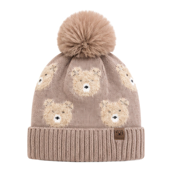 Baby Woolen Cap with Fur Lining, Teddy Bear Design Warm Knitted Pom Pom Winter Beanie for Boys & Girls (3-6 Years)