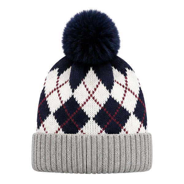 Kids Woolen Cap with Fur Lining, Argyle Design Warm Knitted Faux Fur Pom Pom Winter Beanie for Boys & Girls (3-6 Years)