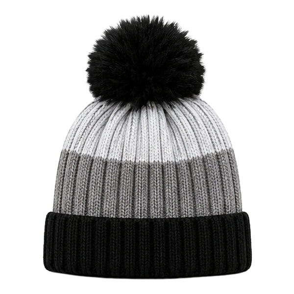 Baby Woolen Cap with Fur Lining, Colour Block Design Warm Ribbed Knit Faux Fur Pom Pom Winter Beanie for Boys & Girls (3-6 Years)