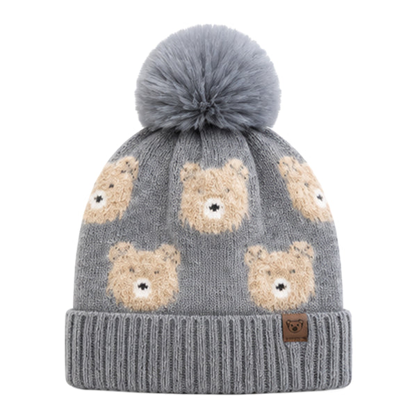 Baby Woolen Cap with Fur Lining, Teddy Bear Design Warm Knitted Pom Pom Winter Beanie for Boys & Girls (3-6 Years)