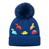 Kids Woolen Cap with Cute Dinosaur Embroidery and Fluffy Pom Pom Warm, Cozy Knitted Winter Hat with Soft Fur Lining for Boys and Girls (2-4 Year)