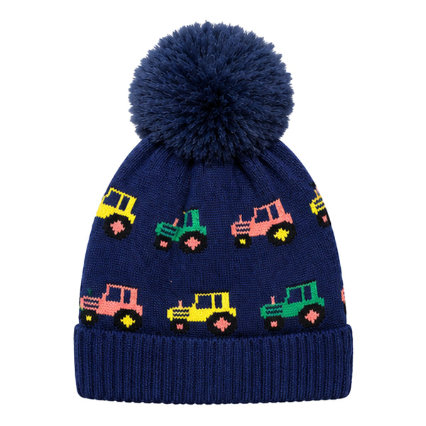 Baby Woolen Cap with Fur Lining, Tractor Design Warm Knitted Faux Fur Pom Pom Winter Beanie for Boys & Girls (3-6 Years)