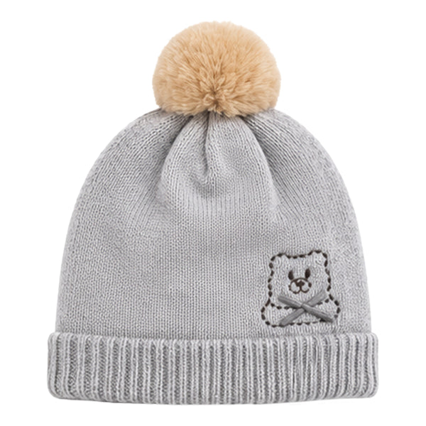 Baby Woolen Cap with Fur Lining, Embroidered Teddy Bear Design Warm Knitted Winter Beanie for Boys & Girls (2-4 Years)