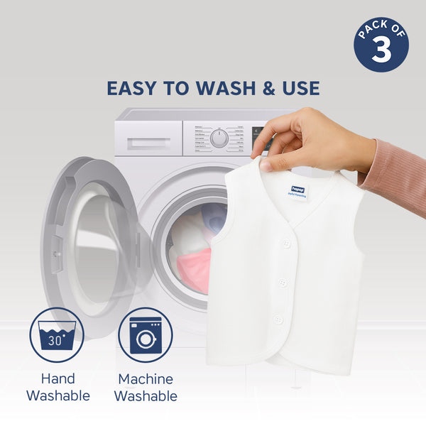 "Front open sleeveless cotton vest for babies – pack of 3 soft infant vests"