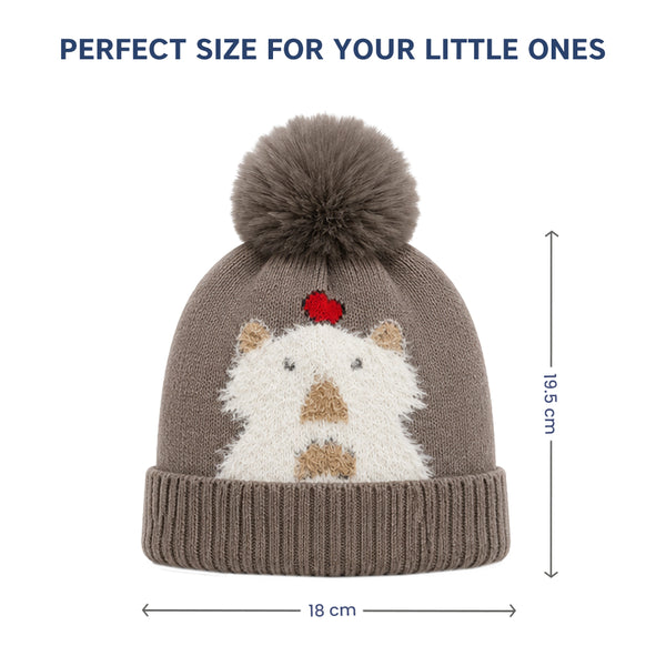 Kids Woolen Cap with Cute Bear Design, Warm Winter Beanie with Soft Pom Pom and Ribbed Folded Cuff for Boys & Girls (3-6 Years)