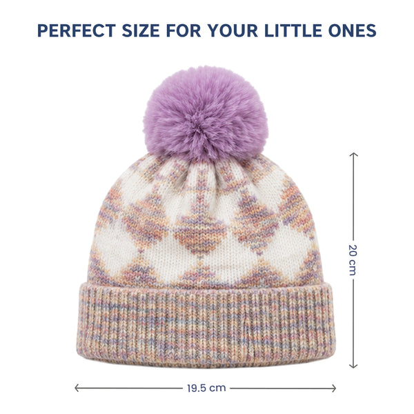 Kids Woolen Cap with Geometric Pattern and Soft Pom Pom, Warm Winter Beanie with Ribbed Folded Cuff for Boys & Girls (3-6 Years)